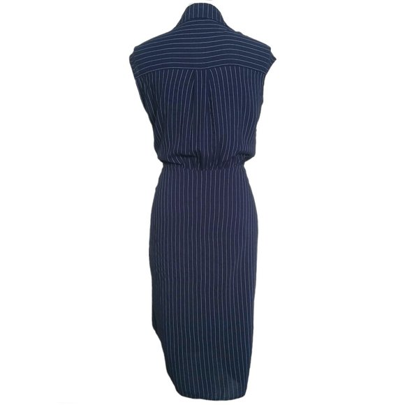 4/$20 Shinestar Navy Blue Pinstripe Dress Large Ruched Button Front Sleeveless - Picture 5 of 7